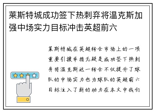 莱斯特城成功签下热刺弃将温克斯加强中场实力目标冲击英超前六