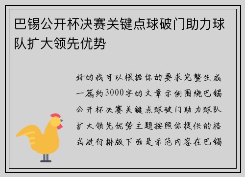 巴锡公开杯决赛关键点球破门助力球队扩大领先优势